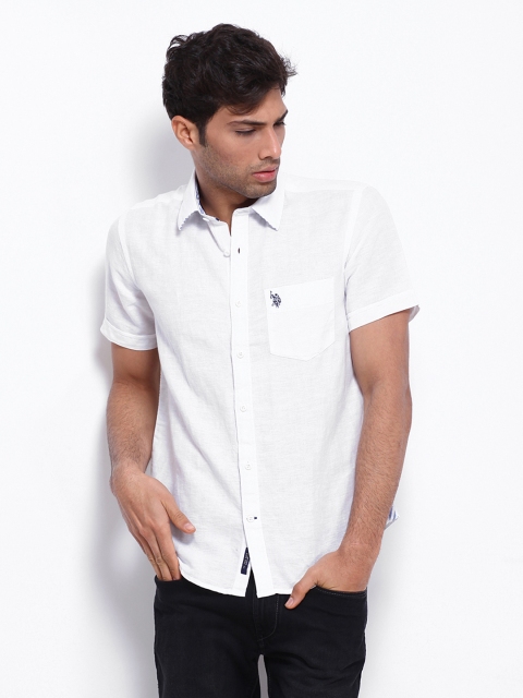 

U.S. Polo Assn. Men White Linen Blend Tailored Fit Casual Shirt