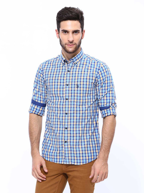 

U.S. Polo Assn. Men Yellow & Blue Checked Tailored Fit Casual Shirt