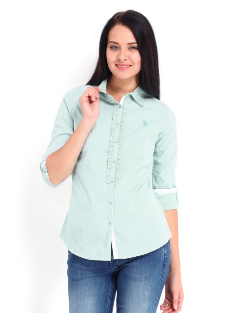 

U.S. Polo Assn. Women Green & White Striped Shirt