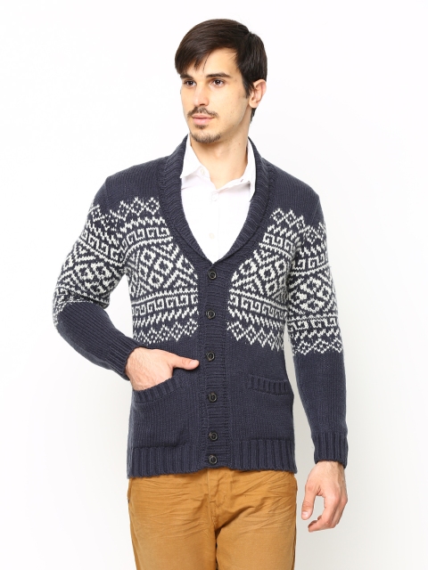 

United Colors of Benetton Men Blue & White Wool Blend Cardigan