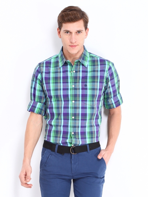 

United Colors of Benetton Men Green & Purple Regular Fit Checked Casual Shirt