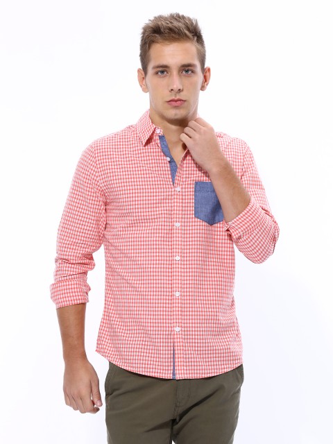 

United Colors of Benetton Men Orange & White Checked Casual Shirt