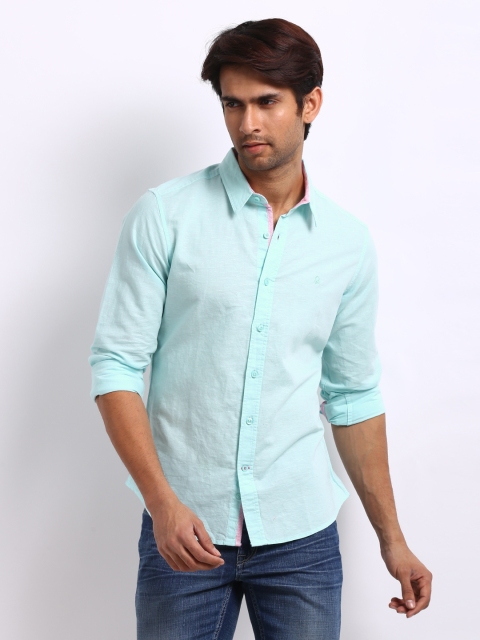 

United Colors of Benetton Men Sea Green Linen Blend Casual Shirt