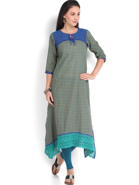 

Vishudh Women Blue & Orange Checked Kurta