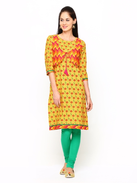 

Vishudh Women Yellow Printed Kurta with Waistcoat