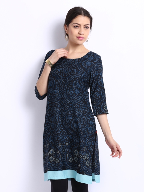 

W Women Black & Blue Printed Kurta