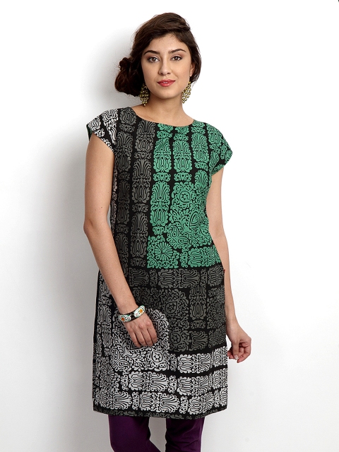 

W Women Grey & Green Printed Kurta