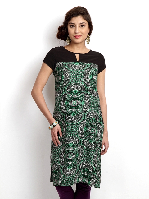 

W Women Black & Green Printed Kurta