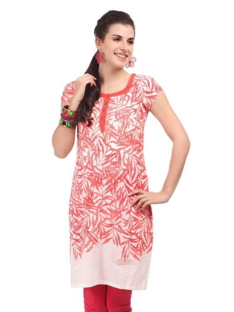 W Women Coral Orange & Off-White Printed Kurta