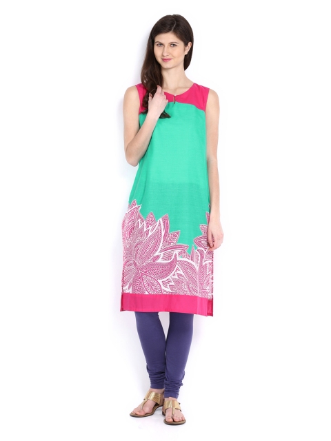 

W Women Green & Pink Printed Kurta