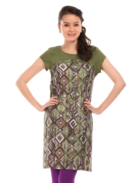 

W Women Green & Purple Ikat Print Kurta