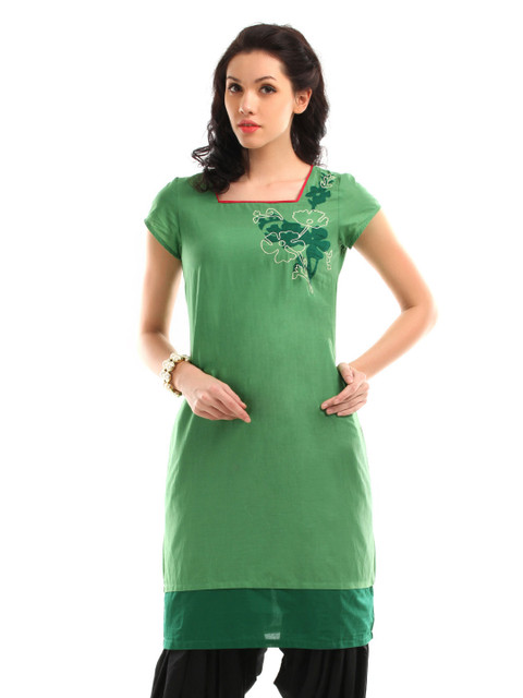 

W Women Green Floral Applique Detail Kurta