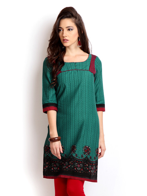 

W Women Green & Red Printed Kurta