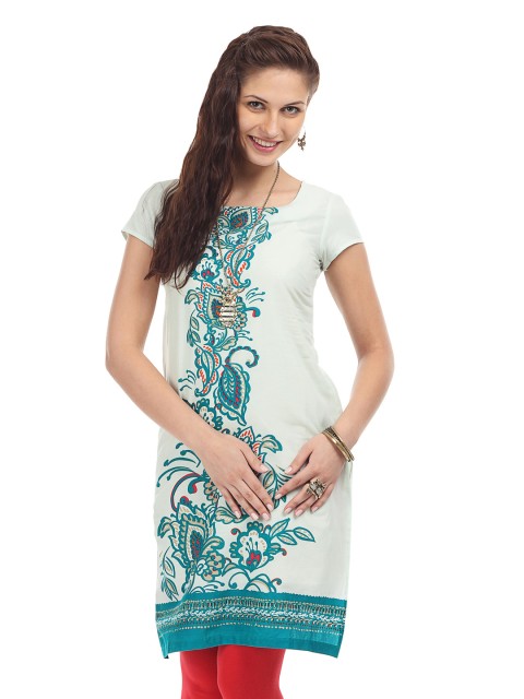 

W Women White & Blue Printed Straight Kurta