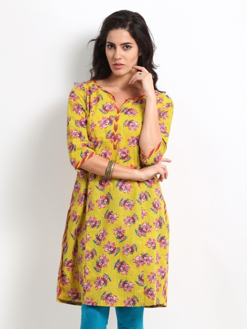 

W Women Yellow & Pink Floral Print Kurta