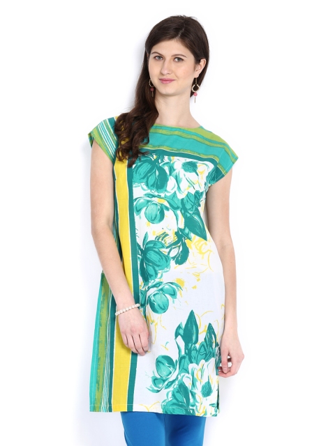 

W Women Green & White Printed Kurta