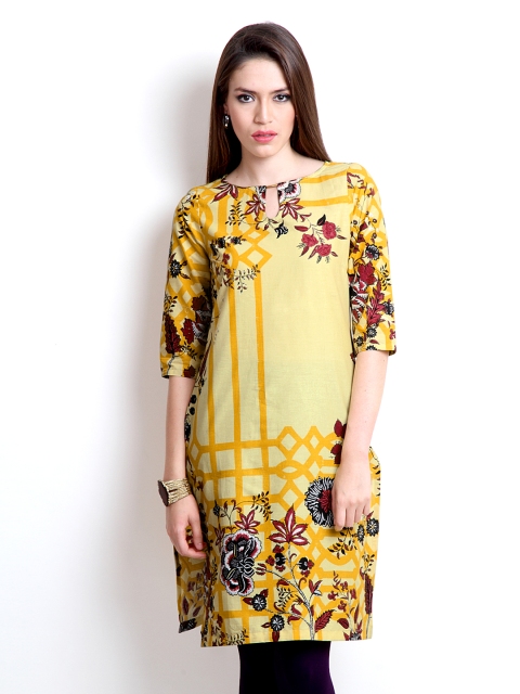 

W Women Yellow & Pink Floral Print Kurta