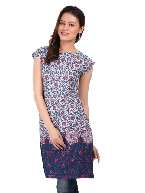 

W Women White & Blue Printed Kurta