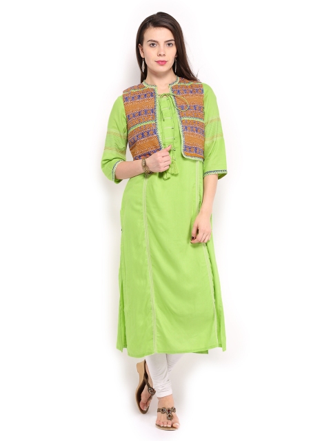 

W Women Green & White Pashtun Printed Churidar Kurta Set