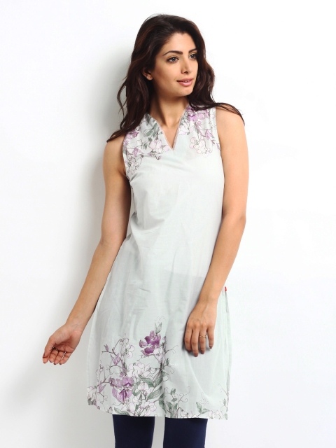 

W Women Light Grey Floral Print Kurta