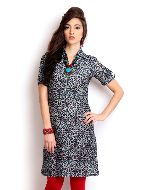 

W Women Navy & White Printed Kurta, Navy blue