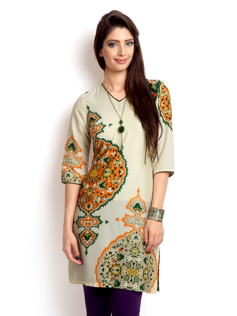 

W Women Off-White & Green Printed Kurta