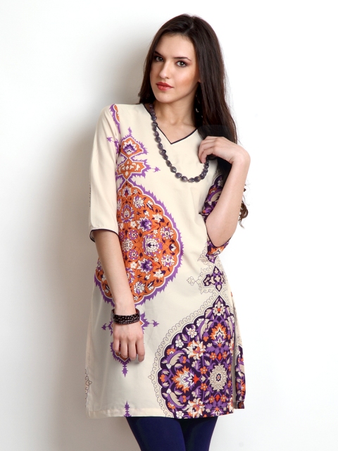 

W Women Off-White and Purple Printed Kurta