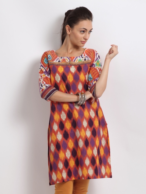 

W Women Orange Ikat Print Kurta