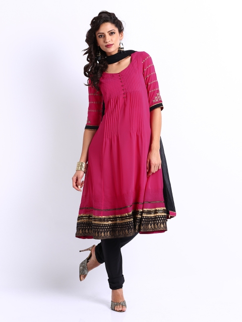 

Wishful by W Women Pink & Black Anarkali Churidar Kurta with Dupatta