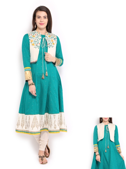 

W Women Green & Off-White Churidar Kurta with Reversible Waistcoat