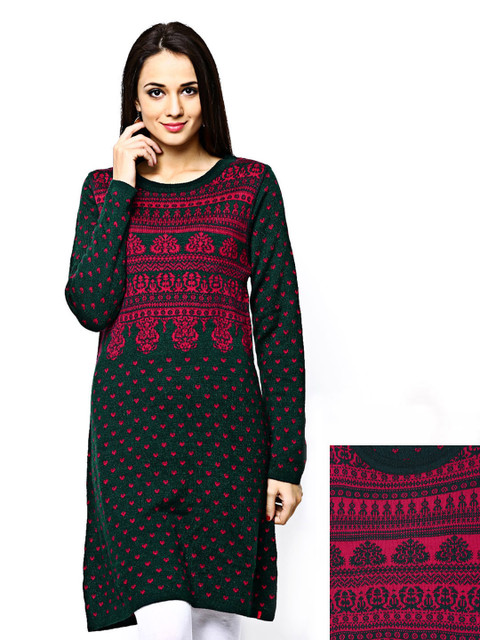 

W Women Teal Green & Pink Reversible Winter Kurta