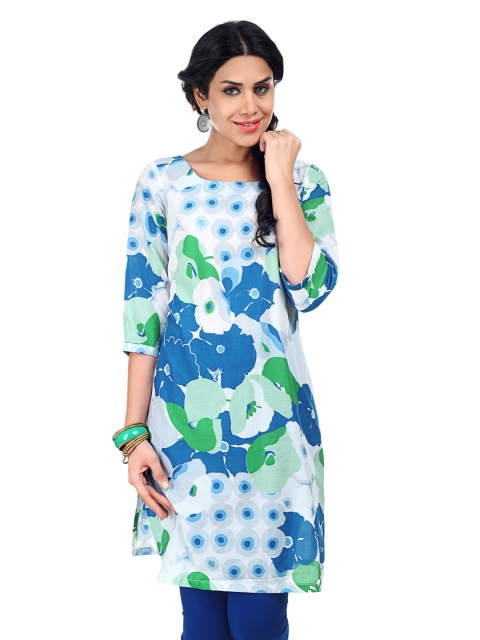 

W Women White & Blue Printed Kurta