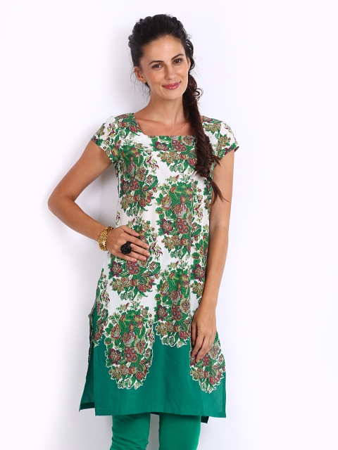 

W Women White & Green Printed Kurta