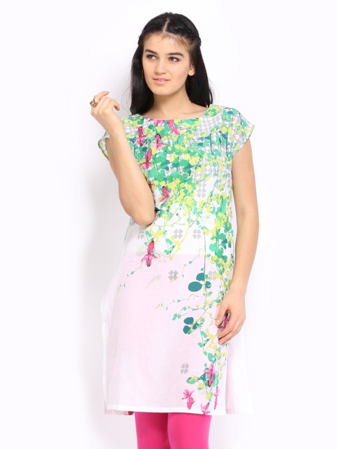 

W Women White & Green Printed Kurta