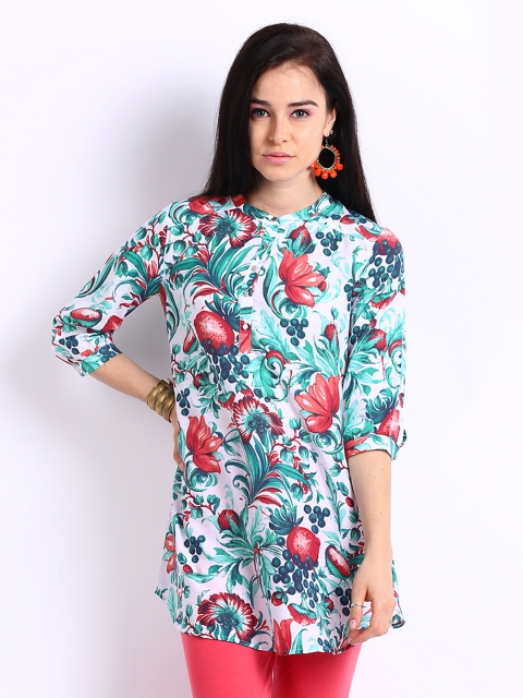 

W Women White & Green Printed Tunic