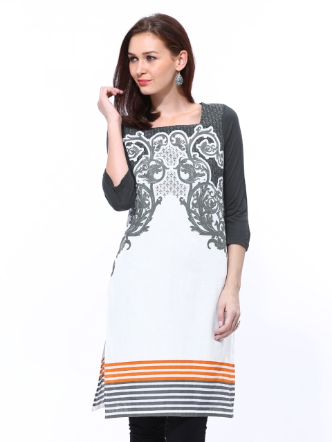 

W Women White & Grey Printed Kurta