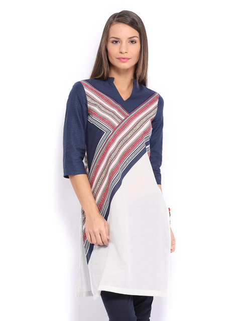

W Women White & Navy Printed Kurta