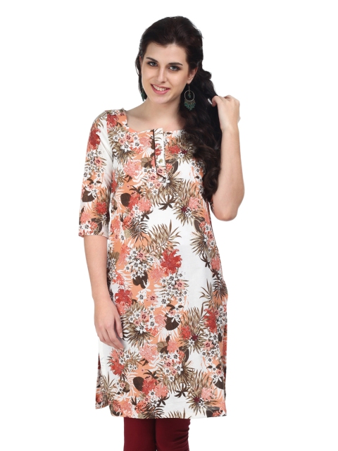 

W Women White & Orange Floral Print Kurta