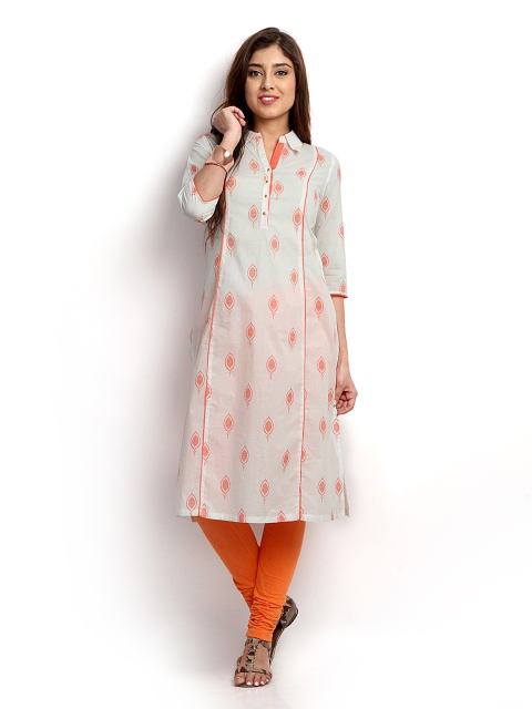 

W Women White & Orange Printed Kurta