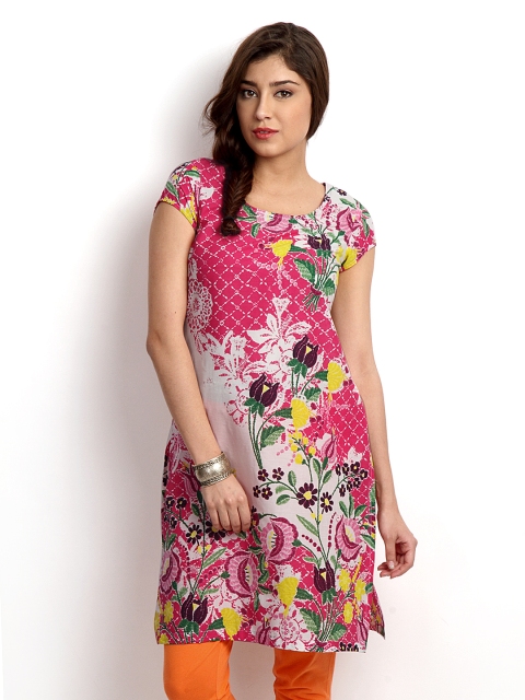 

W Women White & Pink Floral Print Kurta