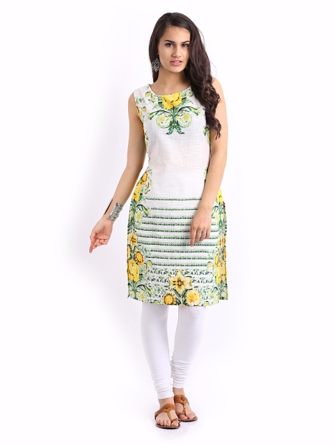 

W Women White & Green Printed Kurta