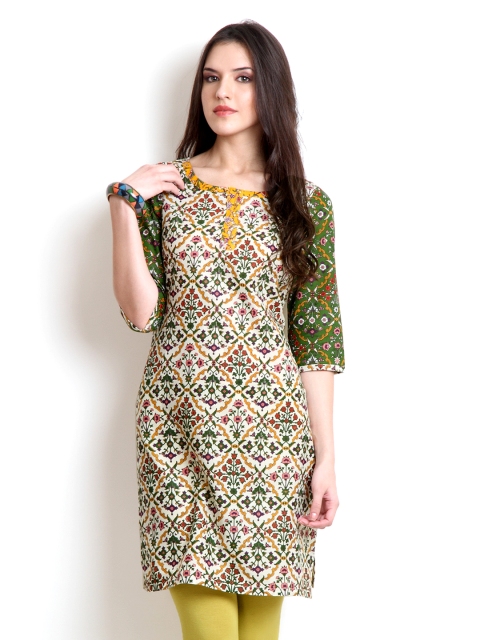 

W Women White and Green Printed Kurta