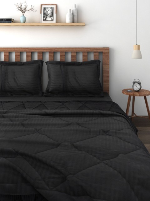 Swayam Black Self Striped Bedding Set With Reversible Quilt Next