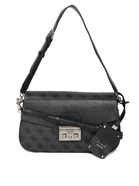 Guess Grey Black Logo Print Shoulder Bag With Sling Strap Guess Grey Black Logo Print Shoulder Bag With Sling Strap Handbags For Women 1738182 Myntra