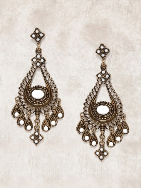 Anouk Antique Gold-Toned & White Teardrop Shaped Drop Earrings