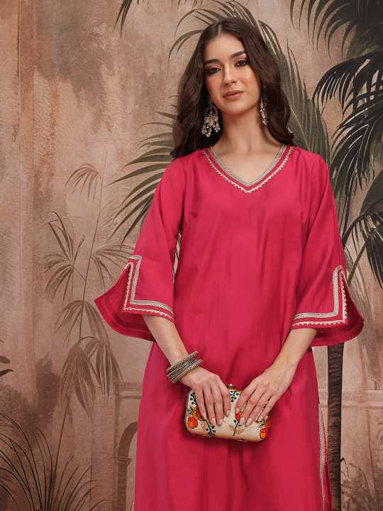 Sangria Regular Gotta Patti Detail Flared Slit Sleeves Kurta with Trousers
