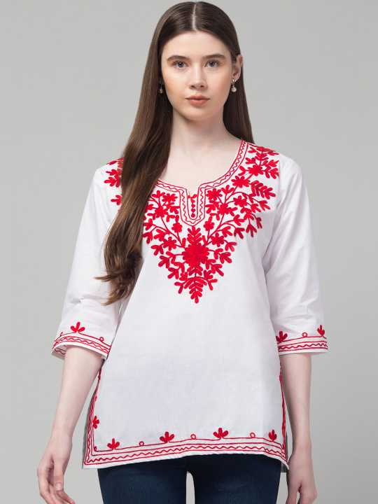 CROWN KING Floral Embroidered Pure Cotton Kurti