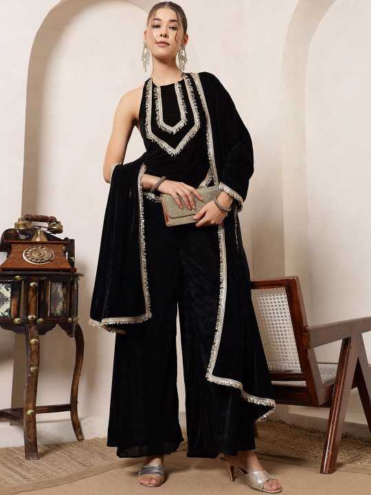 DEEBACO Women Regular Gotta Patti Velvet Top with Palazzos & With Dupatta