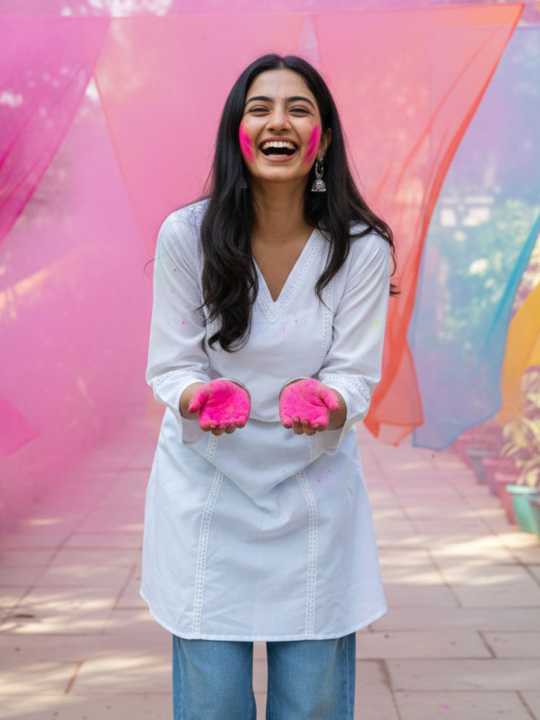 KALINI Women Rayon Solid A-line White Kurta For Holi Special