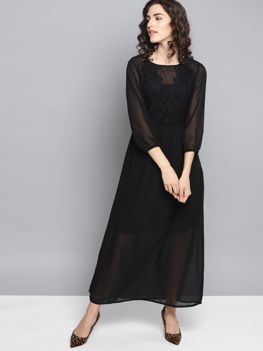 Women Black Solid Semi Sheer Maxi Dress